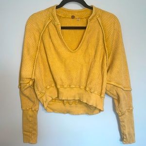 FP ONE small yellow long sleeve waffle print crop top FREE PEOPLE MOVEMENT